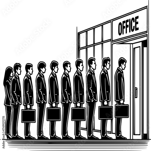 Corporate Queue: A line of business people with briefcases, stand patiently outside an office, embodying anticipation, employment, and opportunity