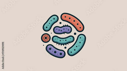A captivating circular emblem showcasing a diverse array of microorganisms, including bacteria and viruses, artfully arranged to symbolize the intricate world of microbiology and infectious diseases