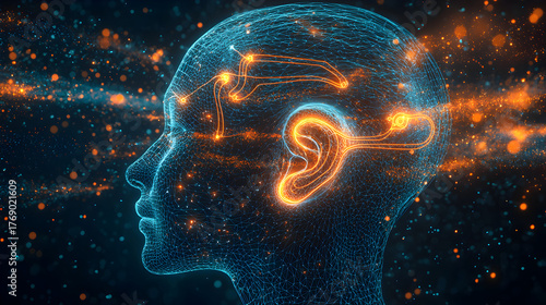 Glowing neon human ear with detailed anatomical structures and electronic auditory pathways, representing innovation in hearing technology and advanced biological illustration.