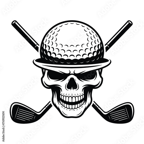 Skull wearing a golf hat with crossed golf clubs and a golf ball on top