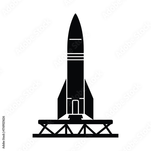Silhouette of a retro rocket ship on a launchpad ready for space exploration