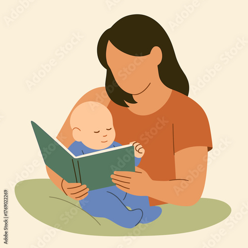 Mother reading book with baby. Flat minimal vector illustration for parenting, early education, and family bonding concept