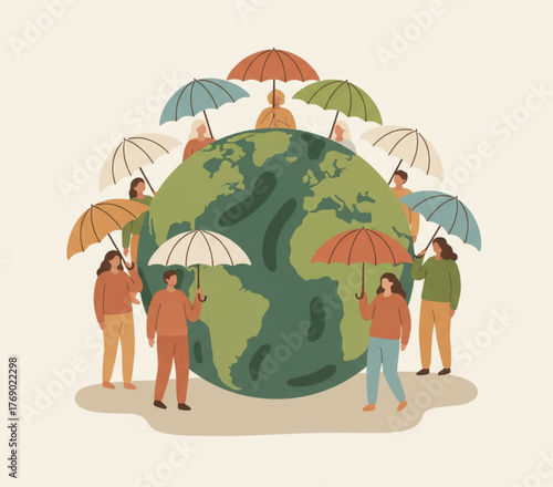 People protecting the Earth with umbrellas, symbolizing global care, environmental awareness, and unity