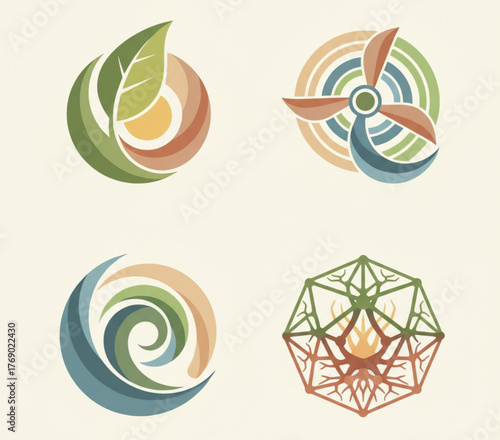Collection of abstract ecological symbols representing nature's essential elements and renewable energy sources, ideal for sustainability and environmental branding projects