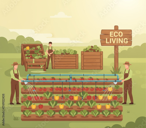 Vibrant illustration of farmers practicing sustainable agriculture in an organic community garden, featuring eco-friendly cultivation of fresh vegetables and fruits for healthy living