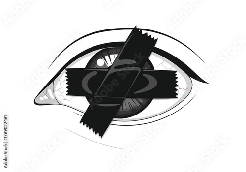 An eye with black tape covering the pupil, symbolizing censorship or being silenced.