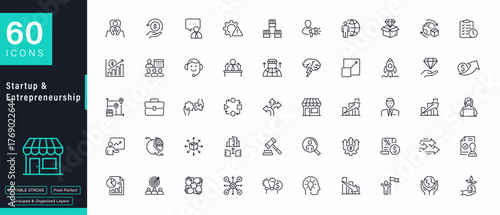 60 Startup and Entrepreneurship Line Icons Set Business Innovation and Growth Concepts