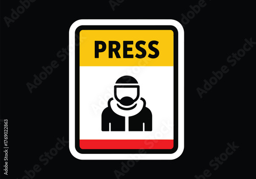 Press pass icon with a person wearing a hat and scarf, set against a black background.