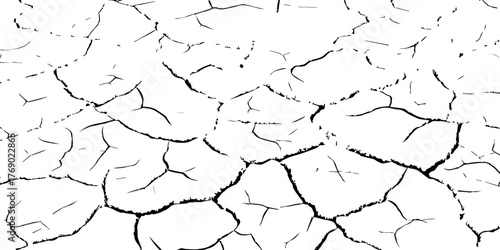 Vector illustration of cracked dry ground texture, symbolizing drought, arid land, and climate change. Black and white cracked soil background for environmental and nature design concepts.