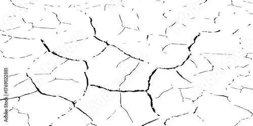 Vector illustration of cracked dry ground texture, symbolizing drought, arid land, and climate change. Black and white cracked soil background for environmental and nature design concepts.