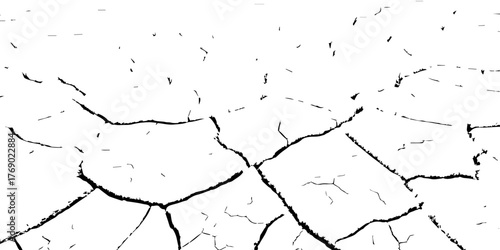 Vector illustration of cracked dry ground texture, symbolizing drought, arid land, and climate change. Black and white cracked soil background for environmental and nature design concepts.