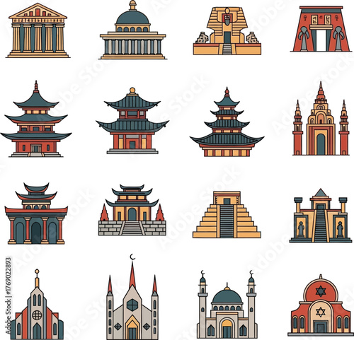 Geometric 2D architecture icons featuring temples, pagodas, shrines, and traditional buildings in minimalist flat vector design, clean modern silhouette art