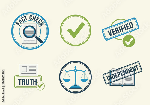 Set of icons representing fact checking, truth, verification, and independence, with checkmarks, scales, and magnifying glass.
