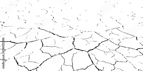 Vector illustration of cracked dry ground texture, symbolizing drought, arid land, and climate change. Black and white cracked soil background for environmental and nature design concepts.