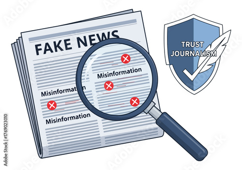 Illustration depicting a newspaper with the headline "Fake News" being examined with a magnifying glass.