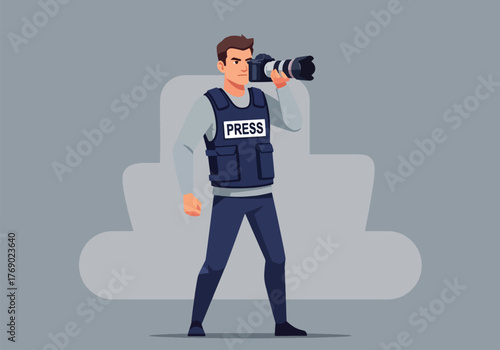 A male journalist wearing a press vest, taking a photograph with a camera.
