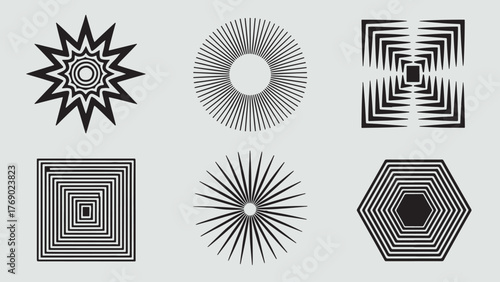 A collection of six geometric designs, showcasing diverse patterns and shapes, each with unique radial and linear arrangements, creating a visually stimulating array