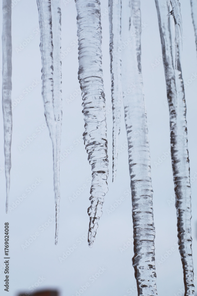 Fototapeta premium Close-up of Frozen Icicles Against a Winter Sky