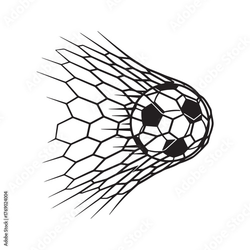 Soccer goal icon, a football scoring in the net. Black and white vector illustration of a winning shot in a sports match. Symbol of victory and competition, isolated on white background.

