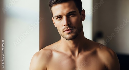 A cinematic, ultra-realistic portrait capturing the alluring gaze of a confident man against a soft, natural light background