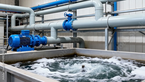Industrial water treatment system with blue pump and pipes purifying water in a large tank creating bubbles and foam for clean water solutions in manufacturing and processing plants