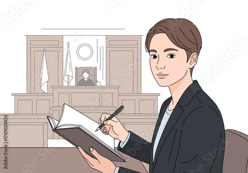 A young person in a suit writes in a notebook, courtroom scene in background.
