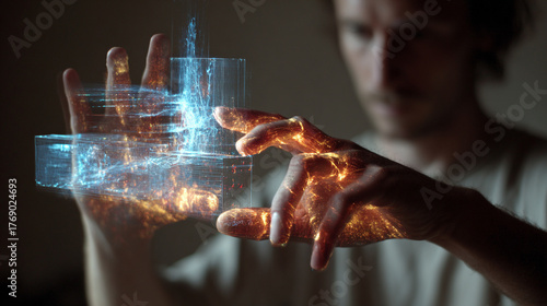 Transparent digital interface projecting 3D shapes, showcasing futuristic technology, virtual visualization, augmented reality, and interactive design, ideal for tech, innovation, and digital concepts