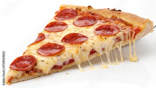 An isolated slice of delicious Italian pizza with pepperoni, mozzarella cheese, and tomato sauce on a white background