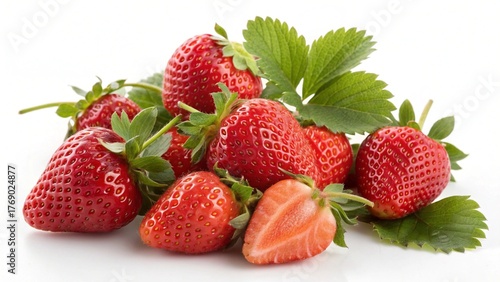 Fresh, ripe strawberries isolated on a white background, showcasing their delicious, healthy, red fruit and green leaf