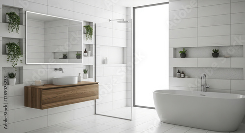 Wallpaper Mural Modern white bathroom with freestanding tub and floating vanity Torontodigital.ca