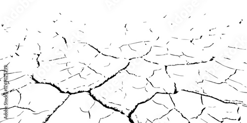 Cracked dry soil texture in high contrast black and white. Abstract pattern symbolizing drought, arid land, and environmental damage. Perfect for design, background, and texture projects.