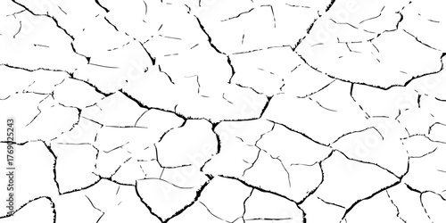 Cracked dry soil texture in high contrast black and white. Abstract pattern symbolizing drought, arid land, and environmental damage. Perfect for design, background, and texture projects.