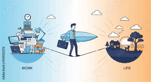 An illustration depicting the balance between work and life, with a person walking a tightrope, showcasing the concept of work-life balance.
