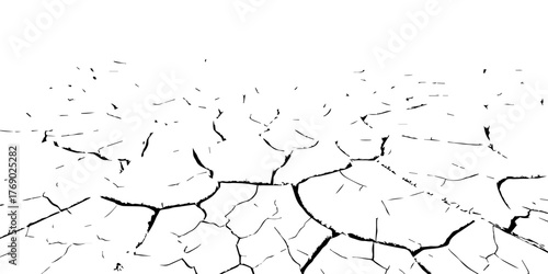 Cracked dry soil texture in high contrast black and white. Abstract pattern symbolizing drought, arid land, and environmental damage. Perfect for design, background, and texture projects.