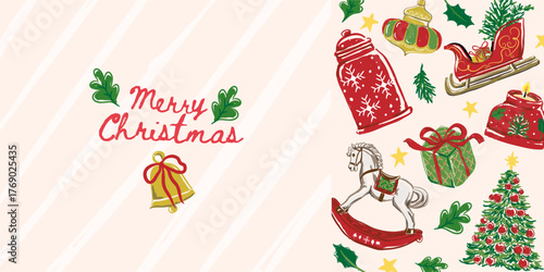 Christmas background with xmas decoration, whimsical drawing Happy Holiday, Christmas element art vector illustration, Can be used for Christmas gifts, decorations etc