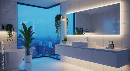 Wallpaper Mural Modern minimalist bathroom with large mirror and blue ambient lighting Torontodigital.ca