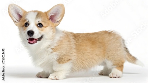 A cute, young Border Collie puppy sitting with a white Pomeranian dog and another Border Collie puppy isolated on a white background