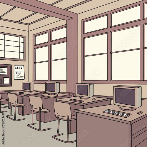 Cartoon empty high school college university computer science classroom