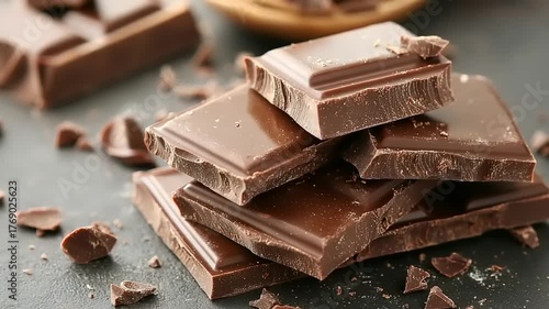 Stacked dark chocolate pieces with crumbs on a dark surface.
