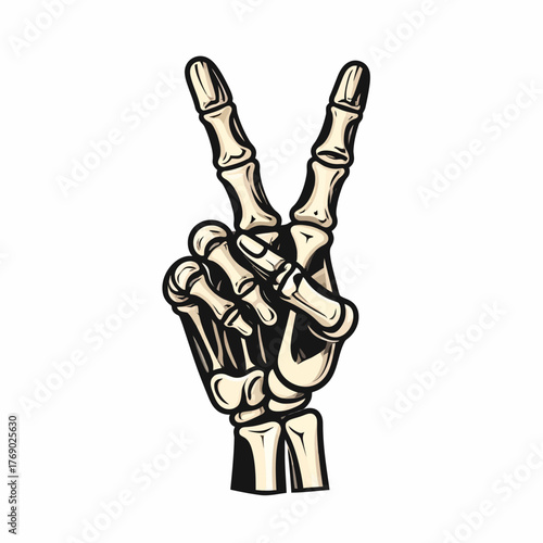Illustrated skeleton hand making a peace sign gesture.