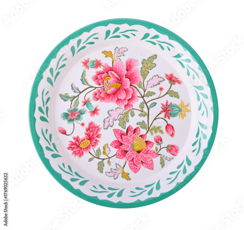  Thai enamel ware tray with flower pattern, Vintage thai traditional food tray, on transparent png .top view