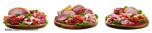 Set of charcuterie board with assorted cured meats on wooden platter, isolated on transparent background