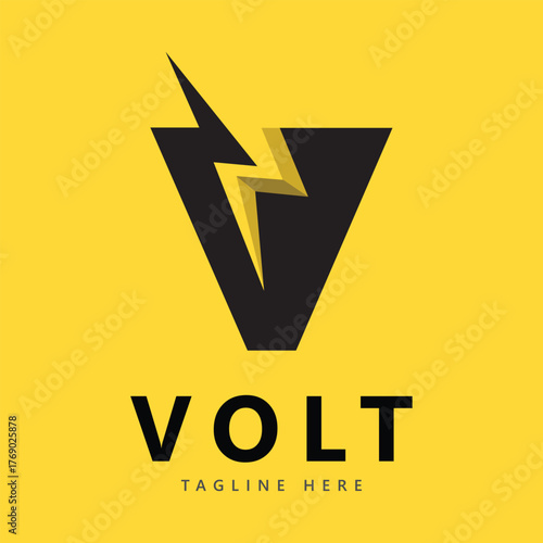 Electric logo abstract letter v from negative space lightning bolt tunder bolt design logo