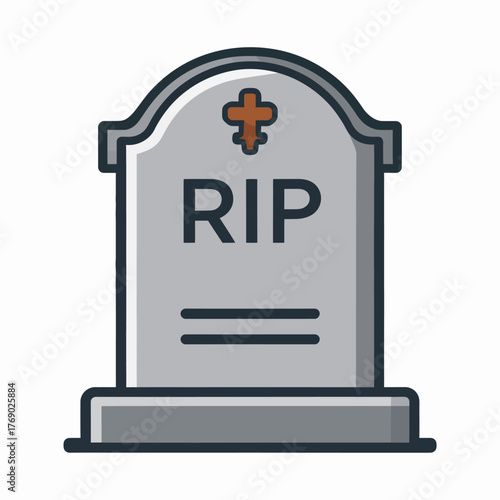 Grey tombstone with RIP lettering and cross symbol.