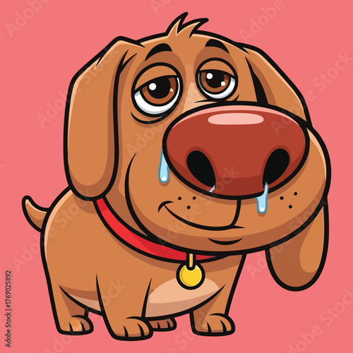 Cartoon dog with a runny nose and sad eyes on a pink background