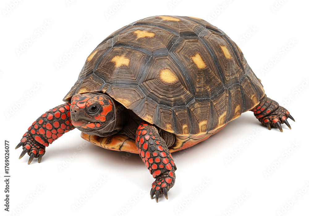 Obraz premium Captivating Portrait of a Red-Footed Tortoise Against a Clean White Background, showcasing its unique characteristics.