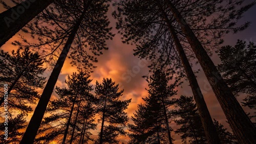 ﻿Majestic pine forest canopy with fast-moving clouds at sunset creating dramatic shadows scenic, sunset, sky