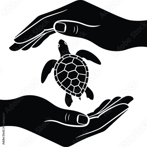 Hands holding turtle, wildlife protection, animal care, endangered species rescue, conservation symbol, black and white, cad drawing flat vector illustration