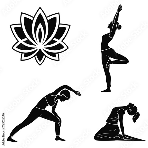 Silhouette yoga poses and lotus flower vector illustration