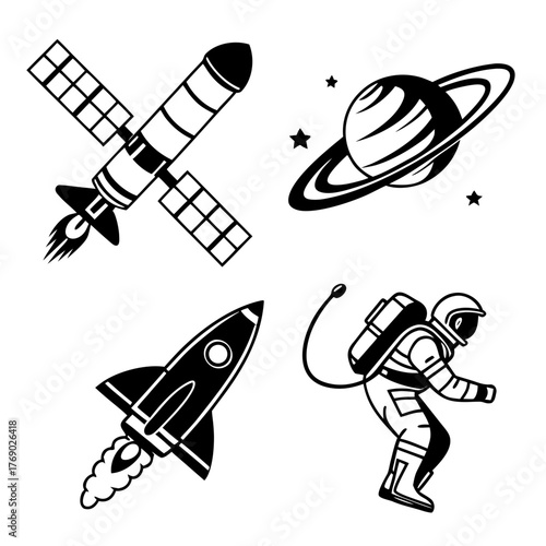 Space exploration icons featuring astronaut, rocket, and planet